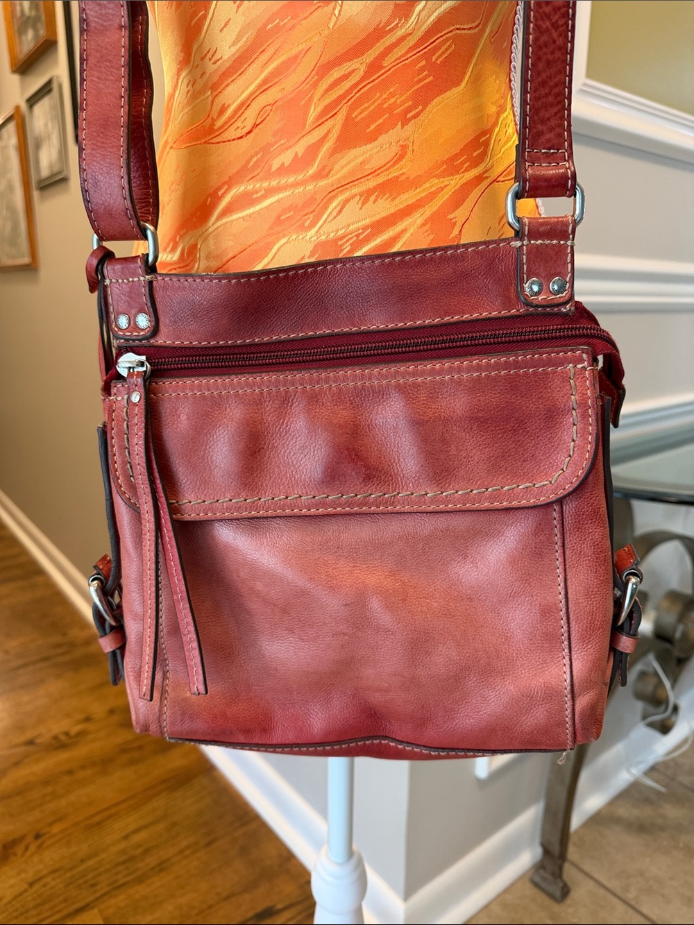 Fossil Rust/Bergundy Leather Crossbody Bag Front Flap Back Organizer